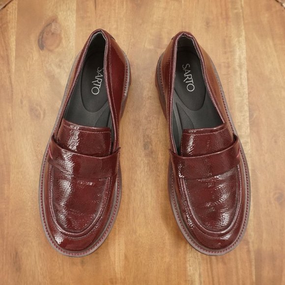 Franco Sarto Womens Ream Lug Sole Loafers Sz 8 Burgundy Red Faux Patent Leather - Picture 8 of 11